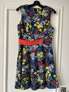 Karen Millen Navy Floral Dress with Coral Waistband